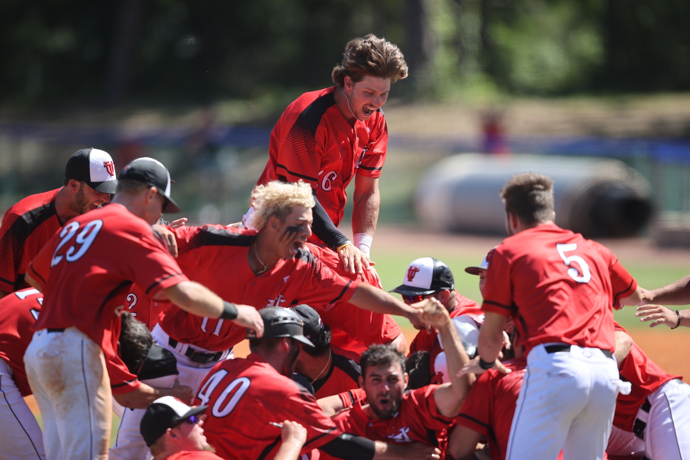 The University of Tampa Spartans baseball team celebrates their win over West Florida in the 2021 NCAA South Regional Final.